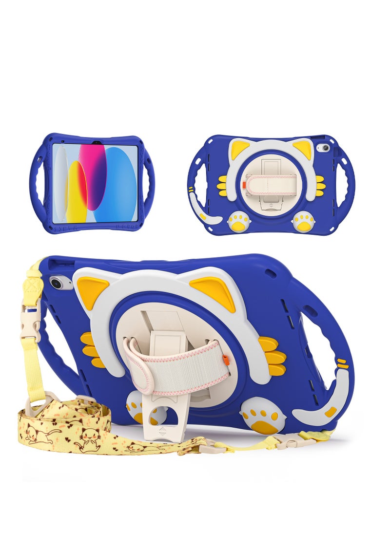 GULFLINK Cute Cat Kids Case with 360 Degree Rotatable Stand/Hand Strap+Shoulder Strap for ipad 10th 10.9 inch 2022（A2757/A2777）Dark blue  - Image 1