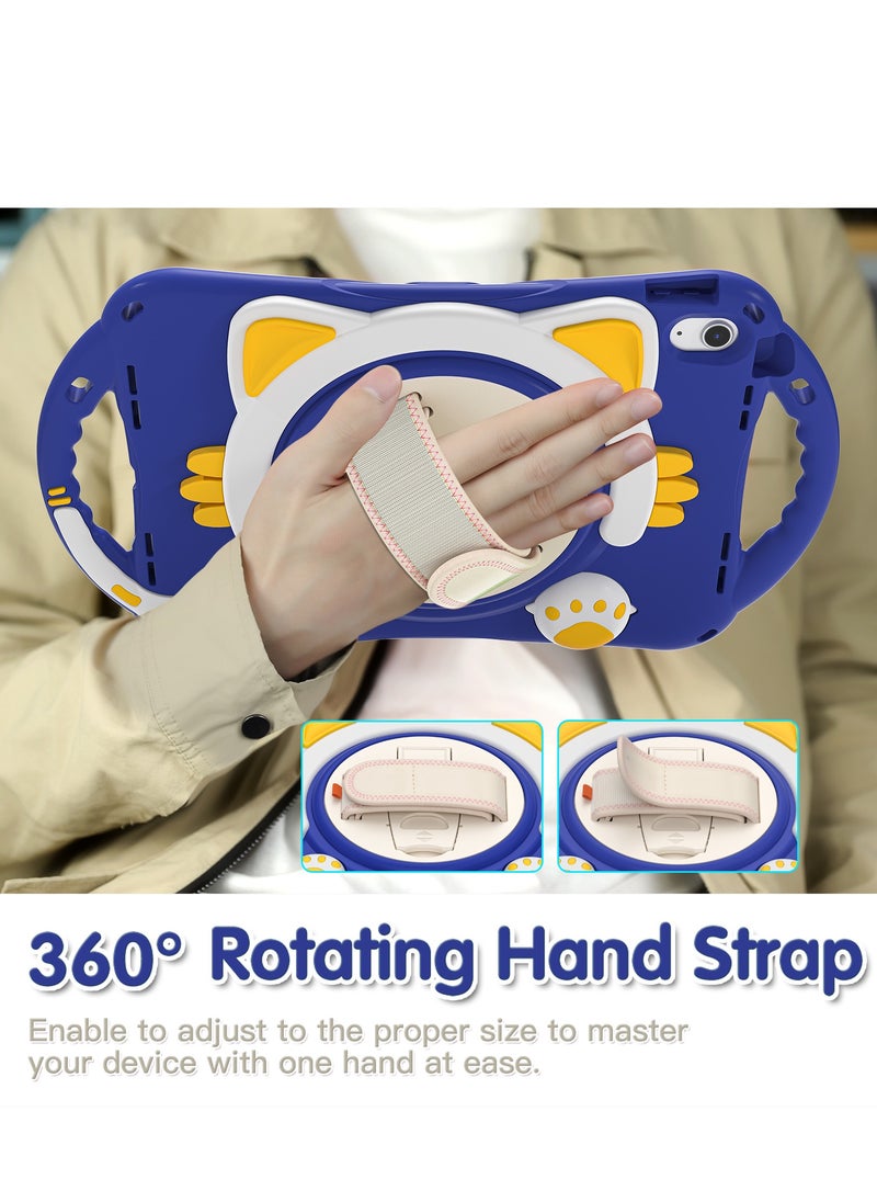 GULFLINK Cute Cat Kids Case with 360 Degree Rotatable Stand/Hand Strap+Shoulder Strap for ipad 10th 10.9 inch 2022（A2757/A2777）Dark blue  - Image 4