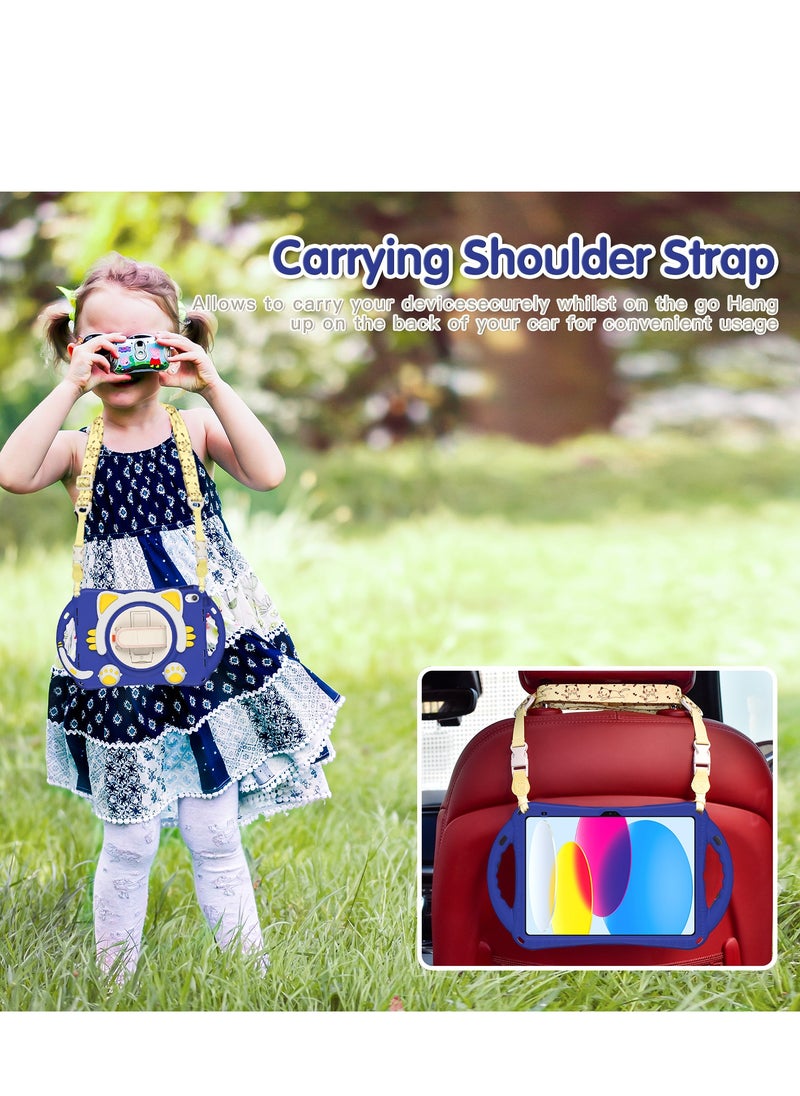 GULFLINK Cute Cat Kids Case with 360 Degree Rotatable Stand/Hand Strap+Shoulder Strap for ipad 10th 10.9 inch 2022（A2757/A2777）Dark blue  - Image 5