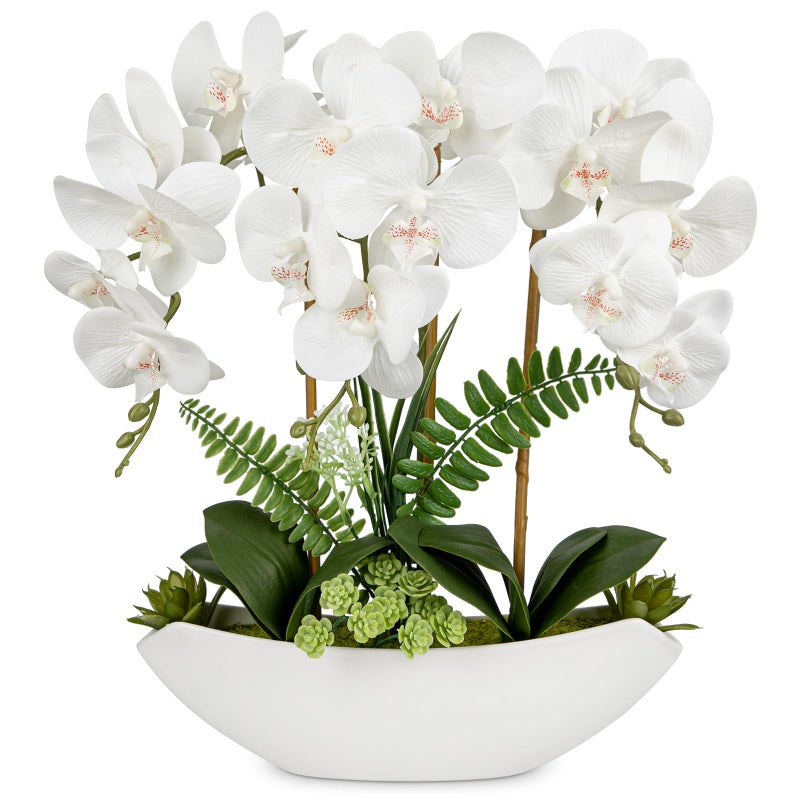 Briful Orchid Artificial Flowers 18in White Fake Orchid Silk Flowers with Ceramic Pot Faux Orchid Arrangement for Home Office Room Coffee Table Centerpiece Modern Decoration - Image 1