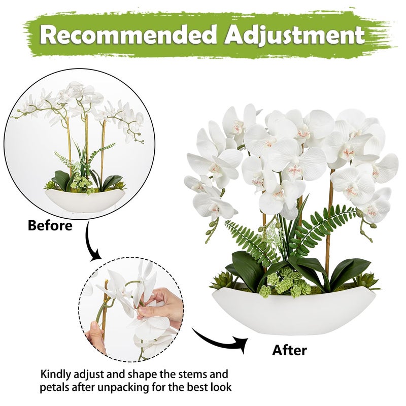 Briful Orchid Artificial Flowers 18in White Fake Orchid Silk Flowers with Ceramic Pot Faux Orchid Arrangement for Home Office Room Coffee Table Centerpiece Modern Decoration - Image 3