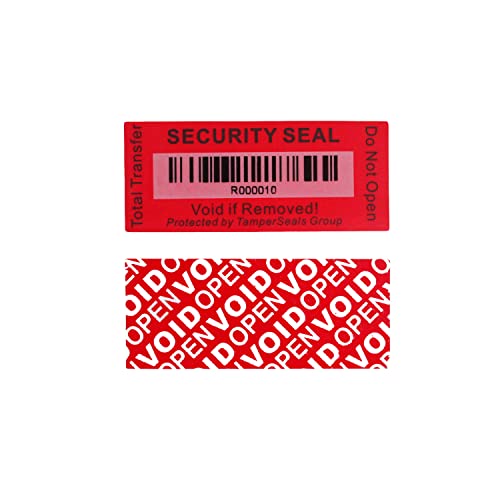 TamperSeals Group - 100pcs 25x60mm Red Total Transfer Tamper Evident Security Void Stickers/Labels/Seals with Barcode - Image 1