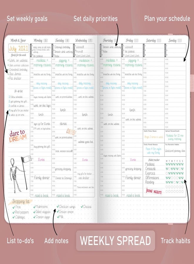 GoGirl Weekly Schedule Planner - Hourly Work & Life Planner with Time Slots - Vertical Agenda Organizer for Daily Productivity, A5 (Rose Gold) - Image 3