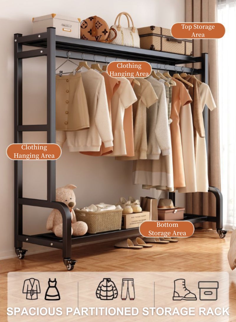 GoldenLike Clothes Clothing Rack, Rolling Heavy Duty Clothes Rack With Wheels, Metal Clothes Rack with Storage Shelves, Portable Standing Clothes Garment Rack for Hanging Clothes, Black - Image 3