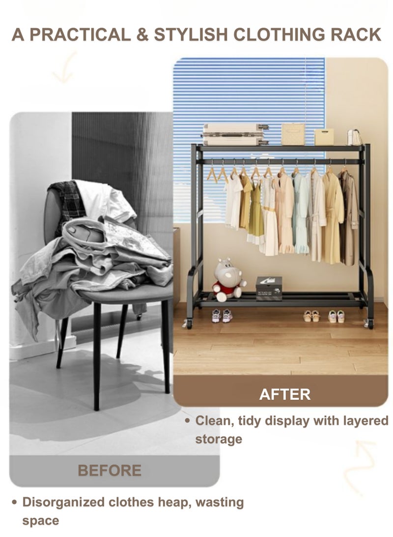 GoldenLike Clothes Clothing Rack, Rolling Heavy Duty Clothes Rack With Wheels, Metal Clothes Rack with Storage Shelves, Portable Standing Clothes Garment Rack for Hanging Clothes, Black - Image 4