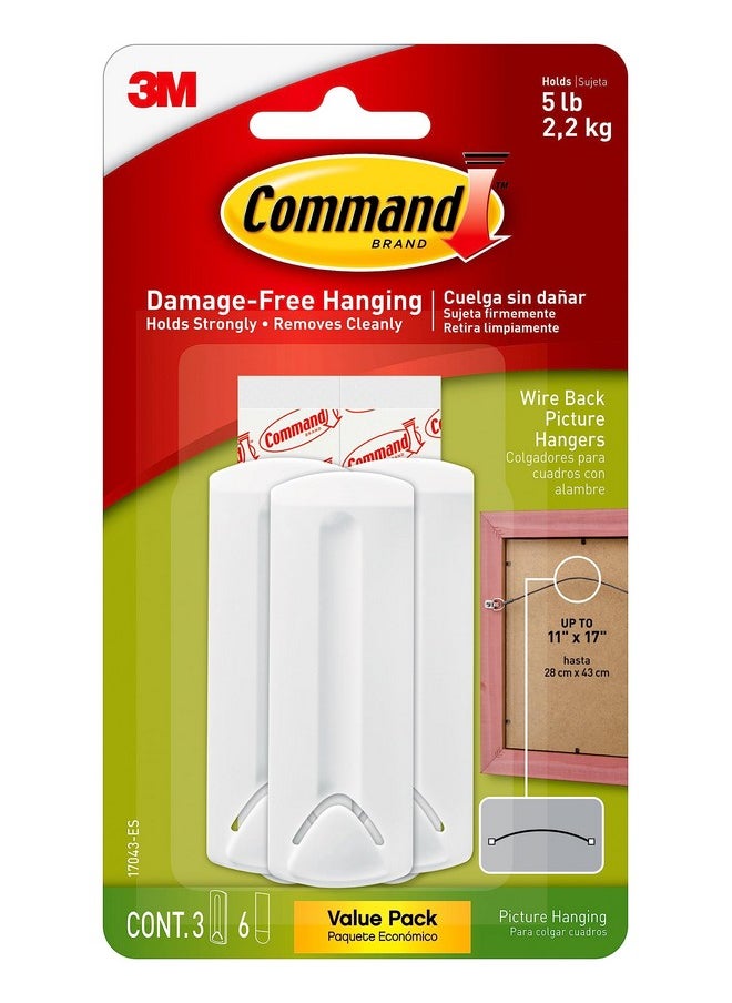 Command Wire Back Picture Hangers Indoor Use 3 Hangers 6 Strips Decorate Damage Freewhite  - Image 1