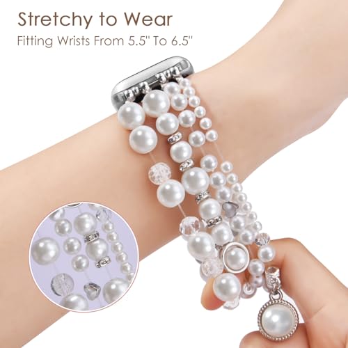 V-MORO Compatible with Apple Watch Band Pearl Series 9/8/7 41mm/40mm Women Fancy Handmade Beaded Elastic Bracelet Bling Jewelry Stretch Strap for iwatch SE Series 6/5/4/3/2/1,Fit for 5.3"-6.2" wrist(Pure White, 38/40/41mm) - Image 2