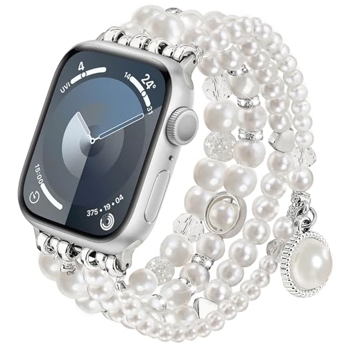 V-MORO Compatible with Apple Watch Band Pearl Series 9/8/7 41mm/40mm Women Fancy Handmade Beaded Elastic Bracelet Bling Jewelry Stretch Strap for iwatch SE Series 6/5/4/3/2/1,Fit for 5.3"-6.2" wrist(Pure White, 38/40/41mm) - Image 1