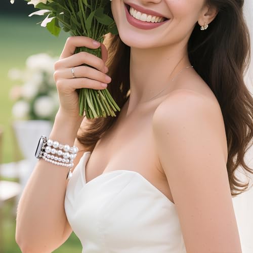 V-MORO Compatible with Apple Watch Band Pearl Series 9/8/7 41mm/40mm Women Fancy Handmade Beaded Elastic Bracelet Bling Jewelry Stretch Strap for iwatch SE Series 6/5/4/3/2/1,Fit for 5.3"-6.2" wrist(Pure White, 38/40/41mm) - Image 3