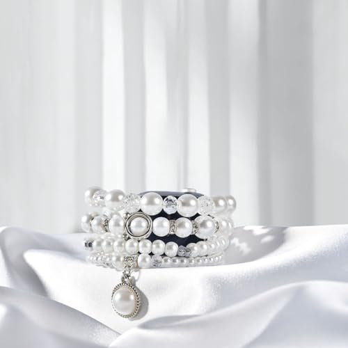 V-MORO Compatible with Apple Watch Band Pearl Series 9/8/7 41mm/40mm Women Fancy Handmade Beaded Elastic Bracelet Bling Jewelry Stretch Strap for iwatch SE Series 6/5/4/3/2/1,Fit for 5.3"-6.2" wrist(Pure White, 38/40/41mm) - Image 5