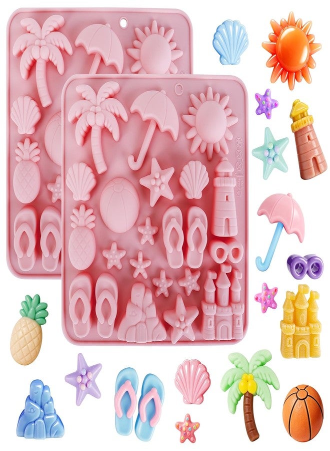 Fuehbur Summer Beach Theme Silicone Candy Molds 2 PCS, Fuehbur Chocolate Moulds Set for Resin, Coastal Design with Palm Tree, Lighthouse, Seashell, Starfish, Pineapple, Sand Castle Tropical Patterns(2 Pack) - Image 1