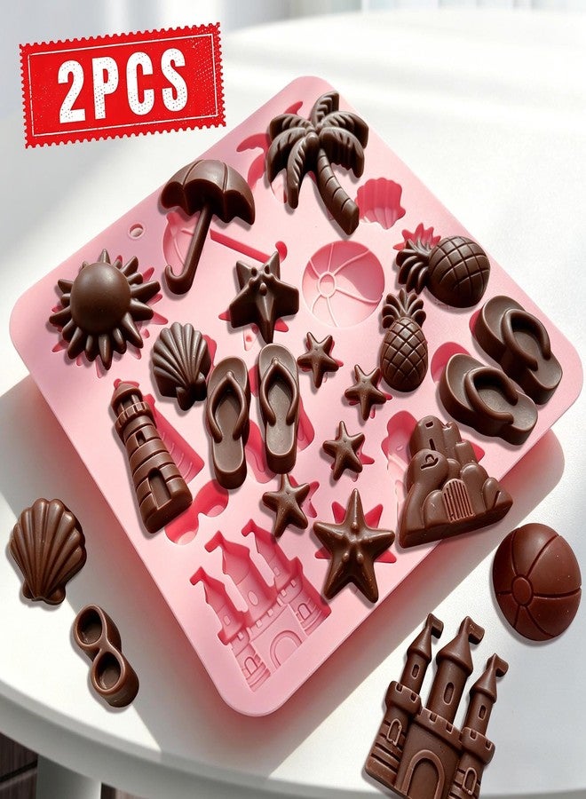 Fuehbur Summer Beach Theme Silicone Candy Molds 2 PCS, Fuehbur Chocolate Moulds Set for Resin, Coastal Design with Palm Tree, Lighthouse, Seashell, Starfish, Pineapple, Sand Castle Tropical Patterns(2 Pack) - Image 2