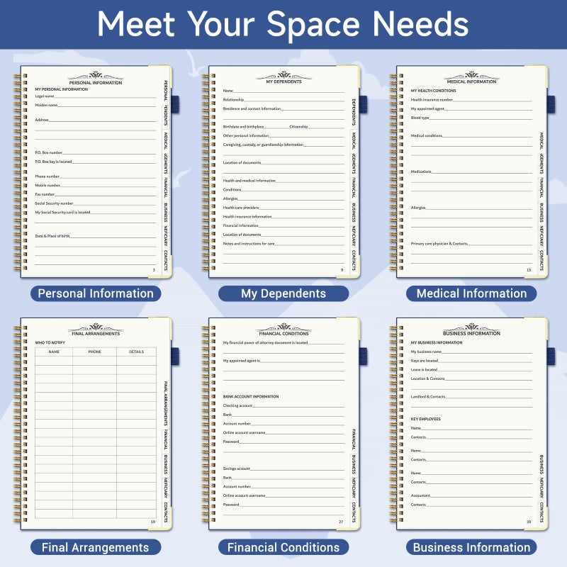 Homlive End of Life Planner, Estate Planning Organizer with Tabs for Senior, Spiral Funeral Planning Book with Large Font, Gold Corner Guards & Inner Pocket for Will Preparation, 7.36" x 10.4", Blue - Image 4