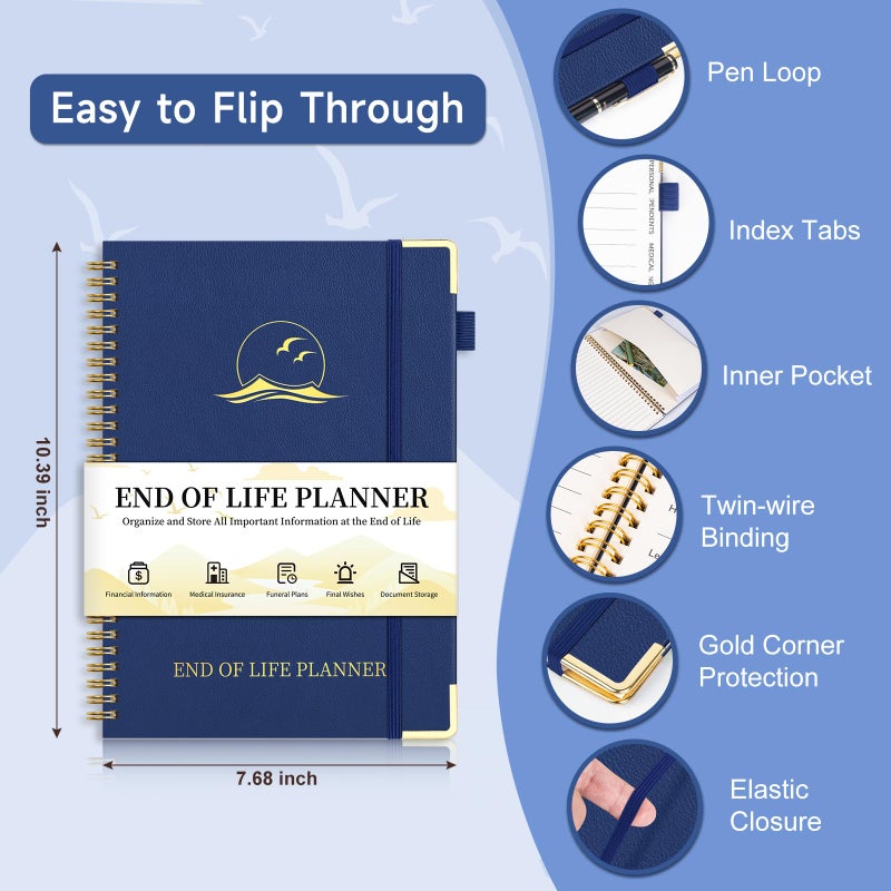 Homlive End of Life Planner, Estate Planning Organizer with Tabs for Senior, Spiral Funeral Planning Book with Large Font, Gold Corner Guards & Inner Pocket for Will Preparation, 7.36" x 10.4", Blue - Image 2