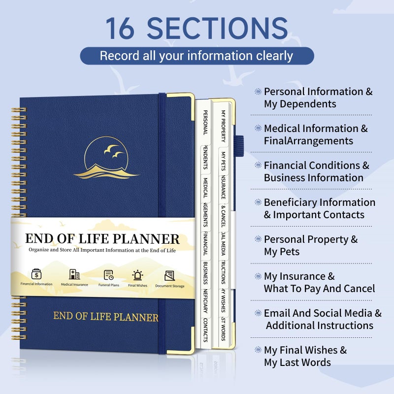 Homlive End of Life Planner, Estate Planning Organizer with Tabs for Senior, Spiral Funeral Planning Book with Large Font, Gold Corner Guards & Inner Pocket for Will Preparation, 7.36" x 10.4", Blue - Image 3
