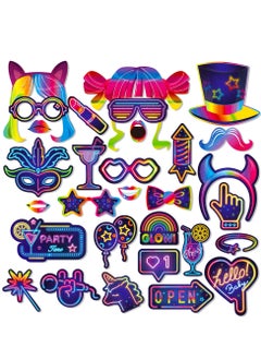 30 Pcs Glow in the Dark Neon Photo Booth Props with Stick Neon Glow Party Decorations Glow Party Favor Fluorescent Party Supplies for Birthday Rock Disco Black Light 80S 90S Party Decorations