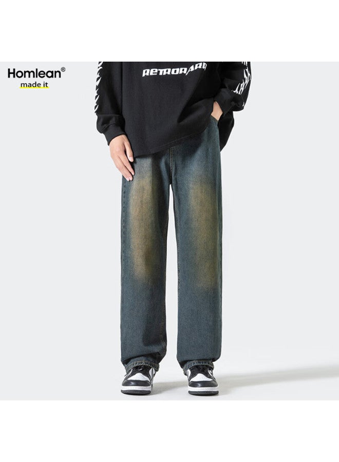 Homlean Men's Jeans Autumn New Loose Straight Leg Pants American Wide Leg Trendy Casual Pants Hl87 Navy XL - Image 3
