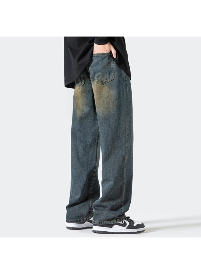 Homlean Men's Jeans Autumn New Loose Straight Leg Pants American Wide Leg Trendy Casual Pants Hl87 Navy XL - Image 2