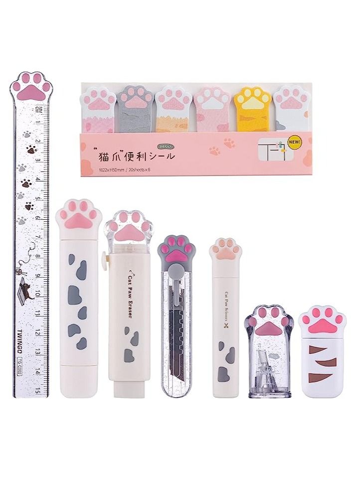Gerenic 8 Pcs Cute Cat Paw Stationery Set Kawaii School Supplies Including Pencil Sharpener Retractable Eraser Correction Tape Sticky Notes Ruler Mini Scissors Utility Knife for Cat Lovers Students (White) - Image 1