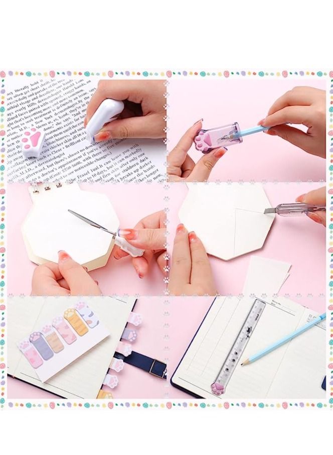 Gerenic 8 Pcs Cute Cat Paw Stationery Set Kawaii School Supplies Including Pencil Sharpener Retractable Eraser Correction Tape Sticky Notes Ruler Mini Scissors Utility Knife for Cat Lovers Students (White) - Image 4