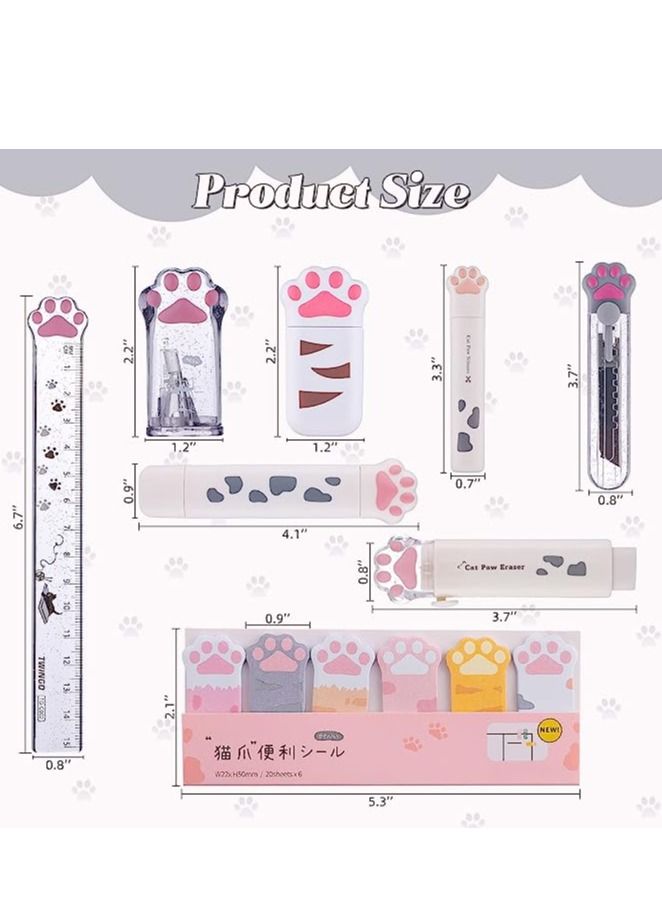 Gerenic 8 Pcs Cute Cat Paw Stationery Set Kawaii School Supplies Including Pencil Sharpener Retractable Eraser Correction Tape Sticky Notes Ruler Mini Scissors Utility Knife for Cat Lovers Students (White) - Image 2