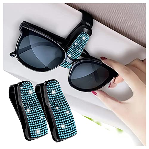 Turcee Set of 2 Bling Rhinestone Car Sun Visor Glasses Holders with AntiScratch SpongeCar Decoration for Women GirlsTicket Card Clip Visor Organizer Lake Blue - Image 1