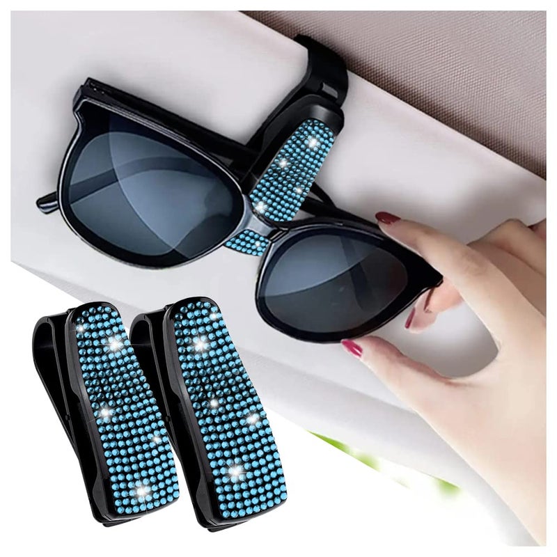 Turcee Set of 2 Bling Rhinestone Car Sun Visor Glasses Holders with AntiScratch SpongeCar Decoration for Women GirlsTicket Card Clip Visor Organizer Lake Blue - Image 3