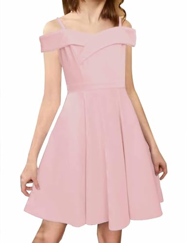 LuckyShe Girls Elegant Princess Cold Shoulder Fold Pleated High Waist Flared A Line Party Dresses,Pink,11-12 Years - Image 2