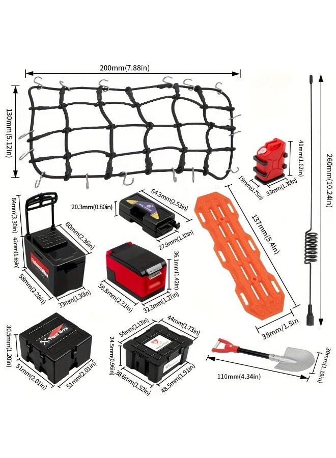 HOBB 11 Pcs 1:10 Scale RC Crawler Accessory Kit | Realistic Scale Tools and Roof Rack Decor for RC Cars with Luggage Net, Oil Drums, Shovel and Antennas | Compatible with Traxxas, Axial, Redcat Racing and Others - Image 2