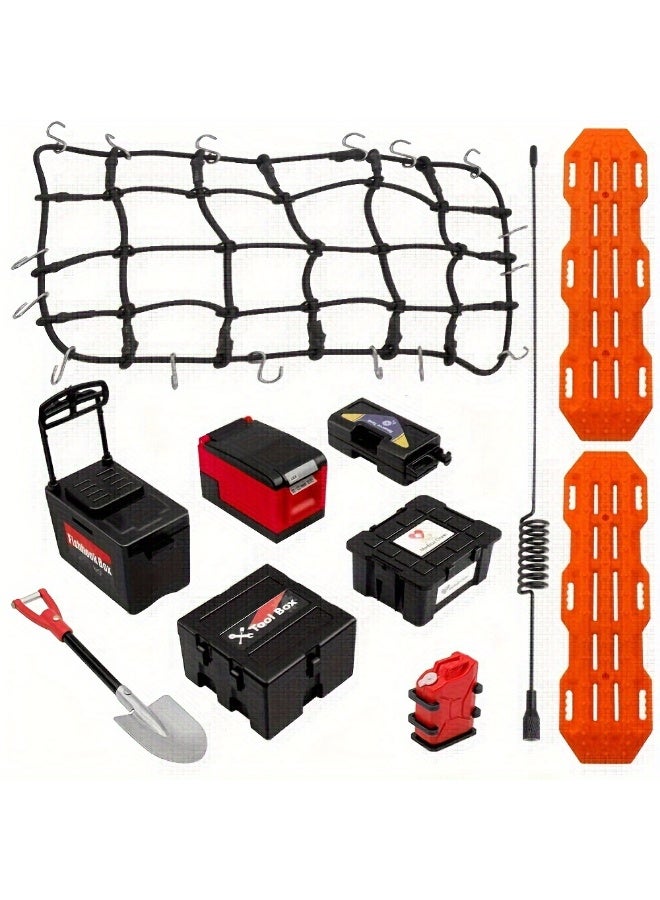 HOBB 11 Pcs 1:10 Scale RC Crawler Accessory Kit | Realistic Scale Tools and Roof Rack Decor for RC Cars with Luggage Net, Oil Drums, Shovel and Antennas | Compatible with Traxxas, Axial, Redcat Racing and Others - Image 1