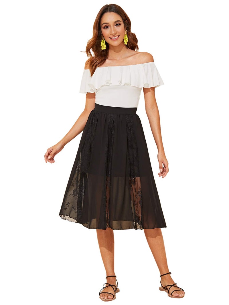 WDIRARA Women's Stretchy Off Shoulder Flounce Sleeve Sexy Slim Blouse Tops Shirt White Large - Image 5