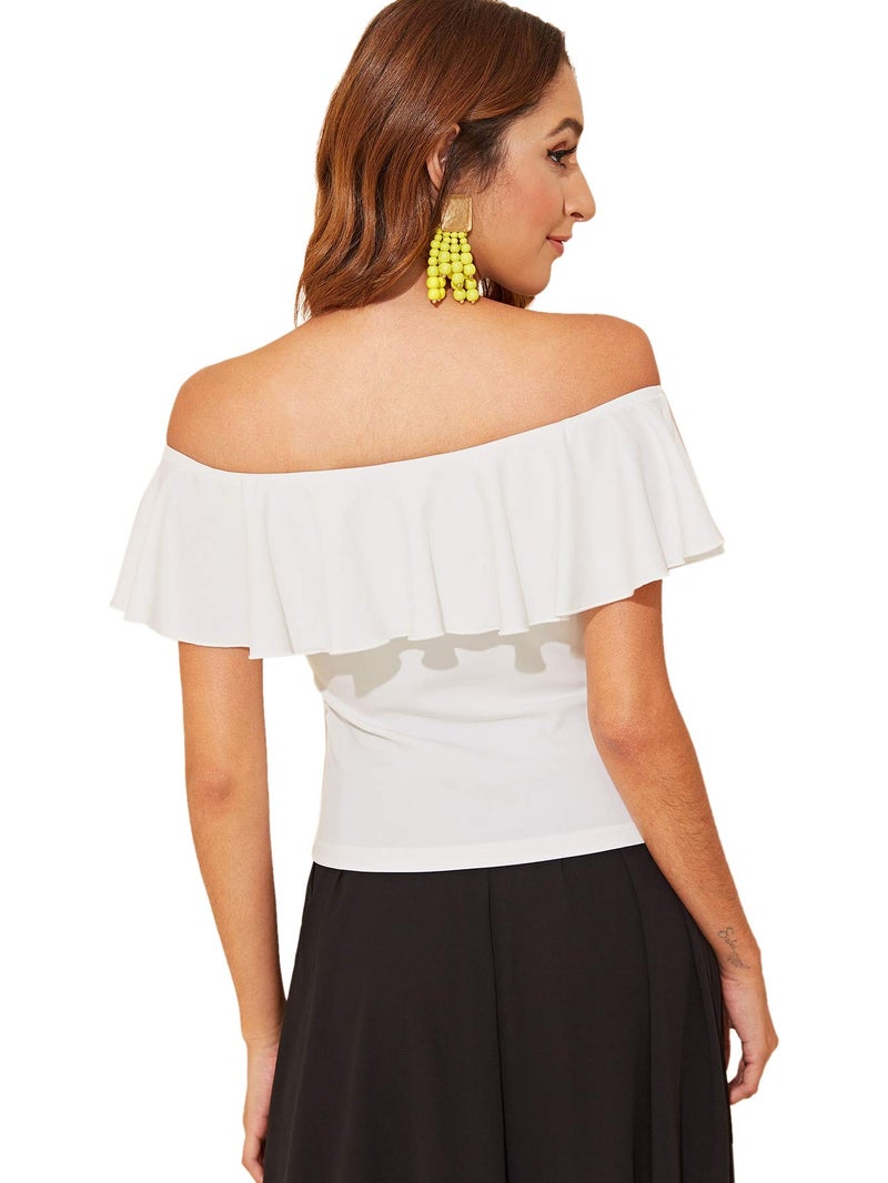 WDIRARA Women's Stretchy Off Shoulder Flounce Sleeve Sexy Slim Blouse Tops Shirt White Large - Image 2