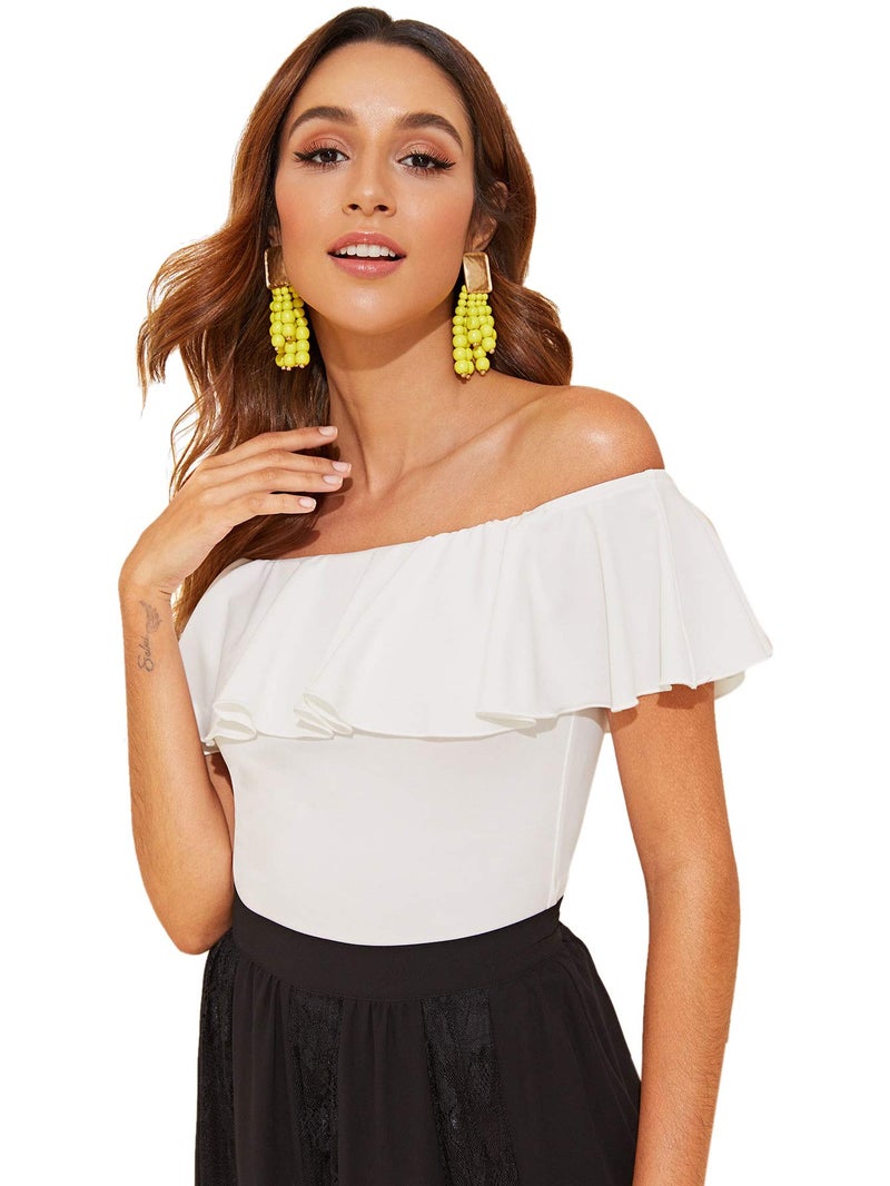 WDIRARA Women's Stretchy Off Shoulder Flounce Sleeve Sexy Slim Blouse Tops Shirt White Large - Image 3