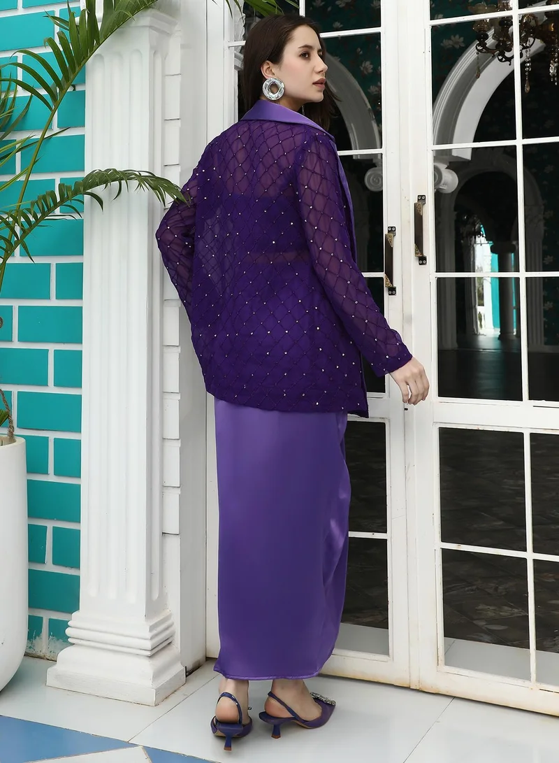 Qissa  Qissa Women's Amethyst Purple Embellished Tailored Co-Ord Set For Ethnic Wear | Lapel Collar , Sleeveless , Asymmetrical Hem | Embellished Fabric | 3 Piece Co-Ords Designed For Evening & Party Wear for Women | Best Price UAE