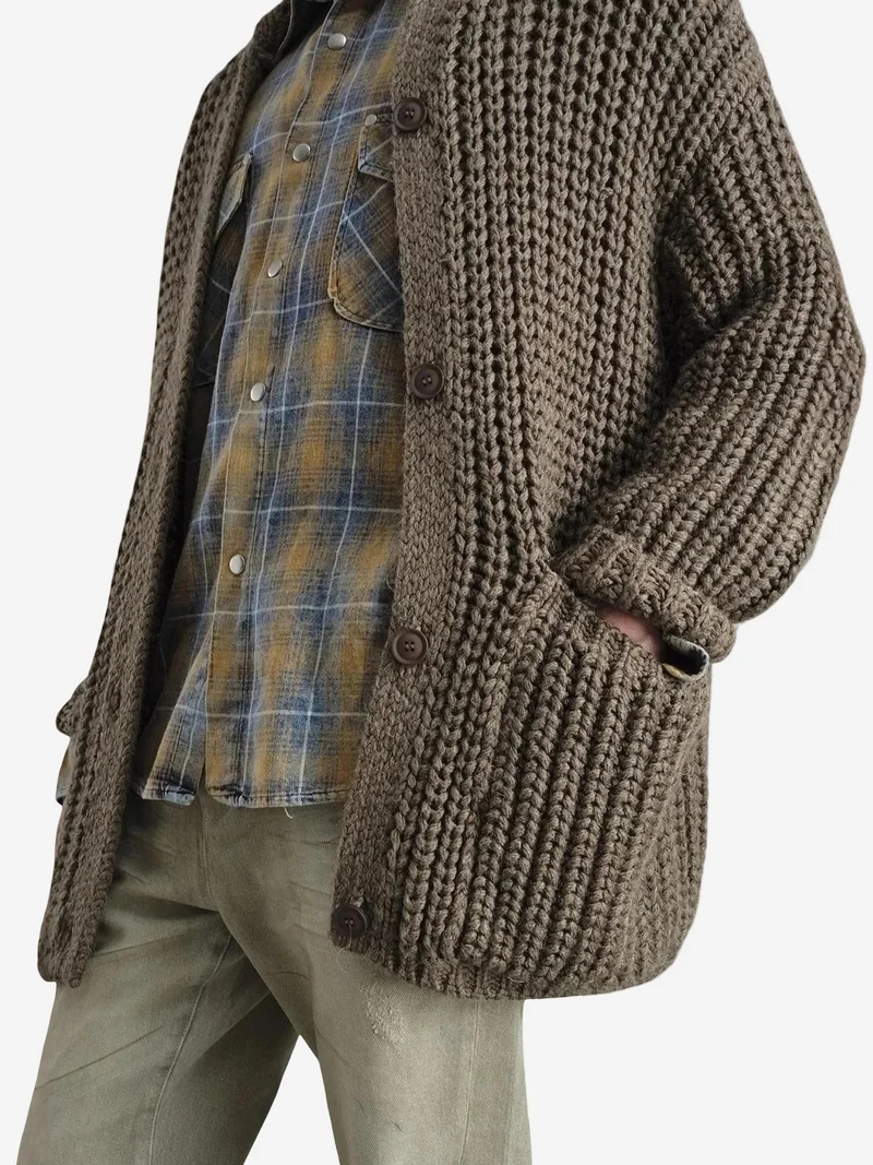 Giesto Beaver Brown GIESTO Oversized Ribbed Knitwear Cardigan with Turtleneck and Pockets for Men | Best Price UAE