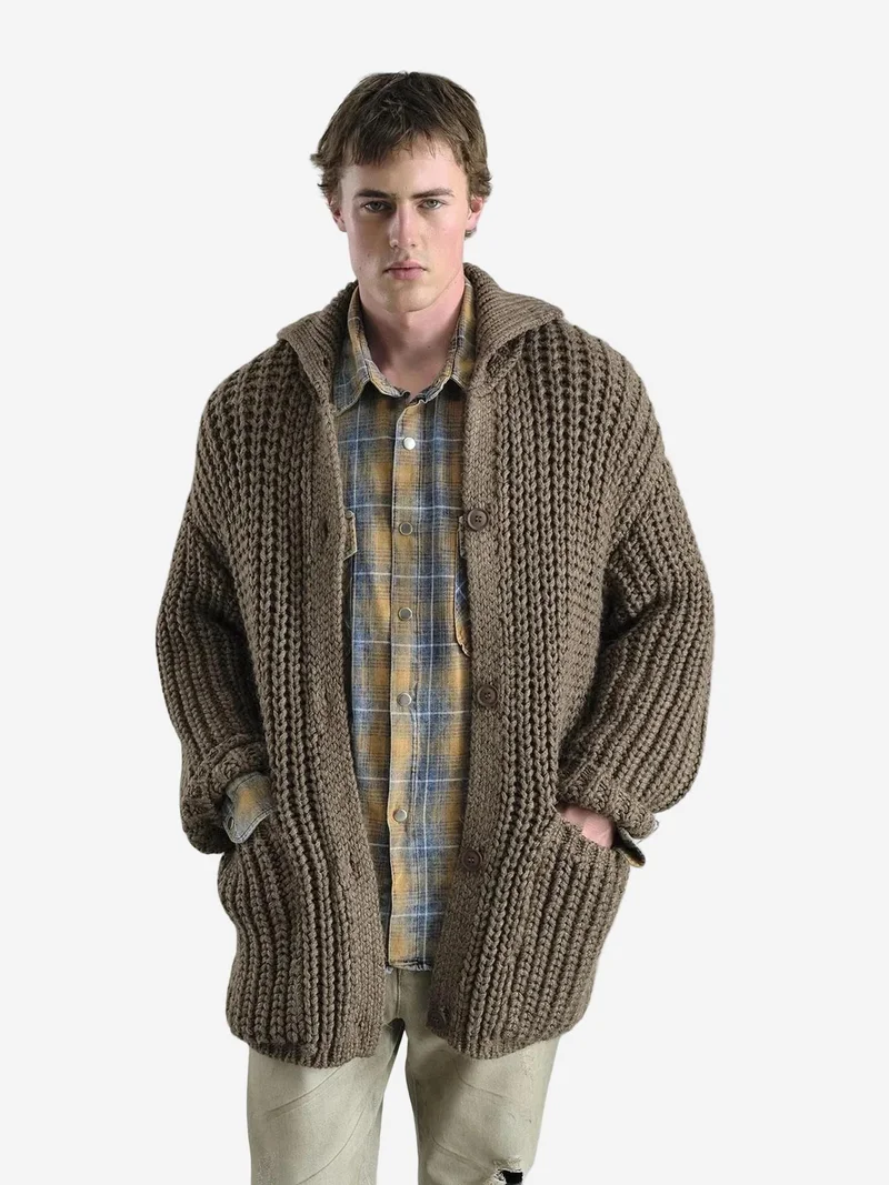 Giesto Beaver Brown GIESTO Oversized Ribbed Knitwear Cardigan with Turtleneck and Pockets for Men | Best Price UAE