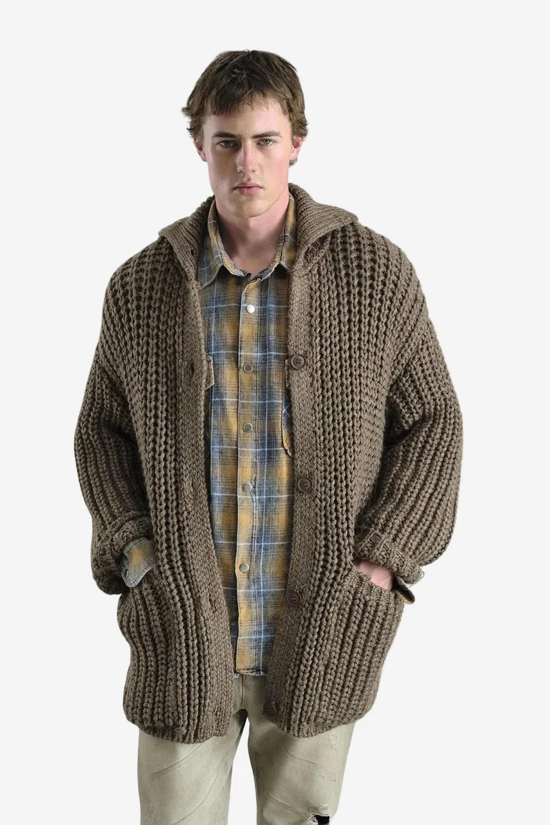 Giesto Beaver Brown GIESTO Oversized Ribbed Knitwear Cardigan with Turtleneck and Pockets for Men | Best Price UAE