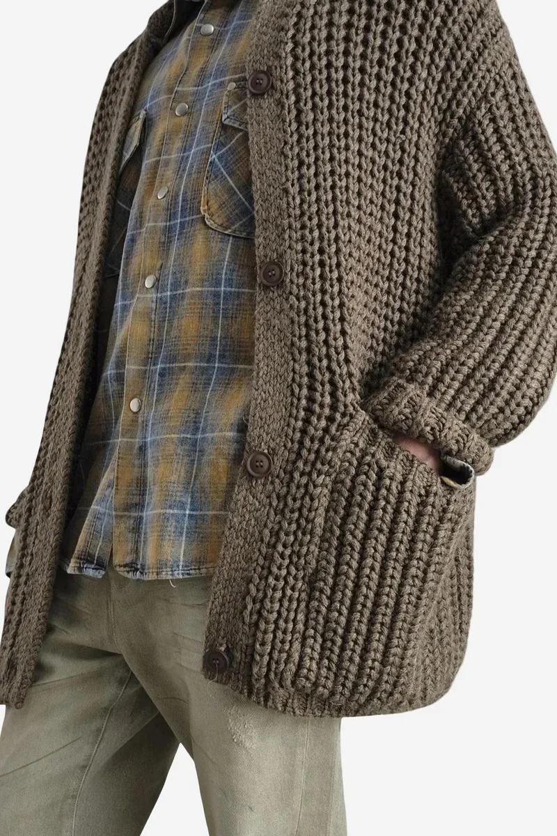 Giesto Beaver Brown GIESTO Oversized Ribbed Knitwear Cardigan with Turtleneck and Pockets for Men | Best Price UAE