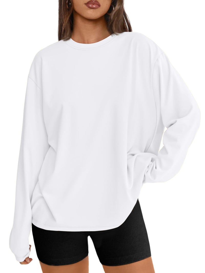 Trendy Queen Womens Spring Tops Oversized Long Sleeve T Shirts 2026 Basic Tee Fall Casual Workout Y2K Clothes White M - Image 1