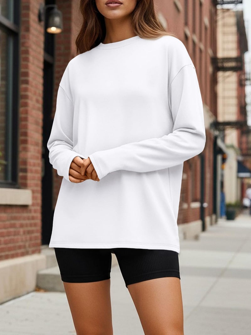 Trendy Queen Womens Spring Tops Oversized Long Sleeve T Shirts 2026 Basic Tee Fall Casual Workout Y2K Clothes White M - Image 2