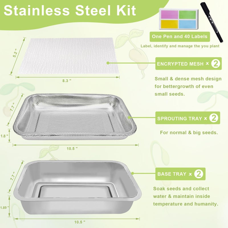 TCYPUHL Stainless Steel Sprouts Growing Kit 2-Tier 10.4 inch Trays, Microgreens Growing Kit, Seed Sprouting Tray with Encrypted Mesh Sprouts for Beans Alfalfa Broccoli Wheat Grass - Image 3