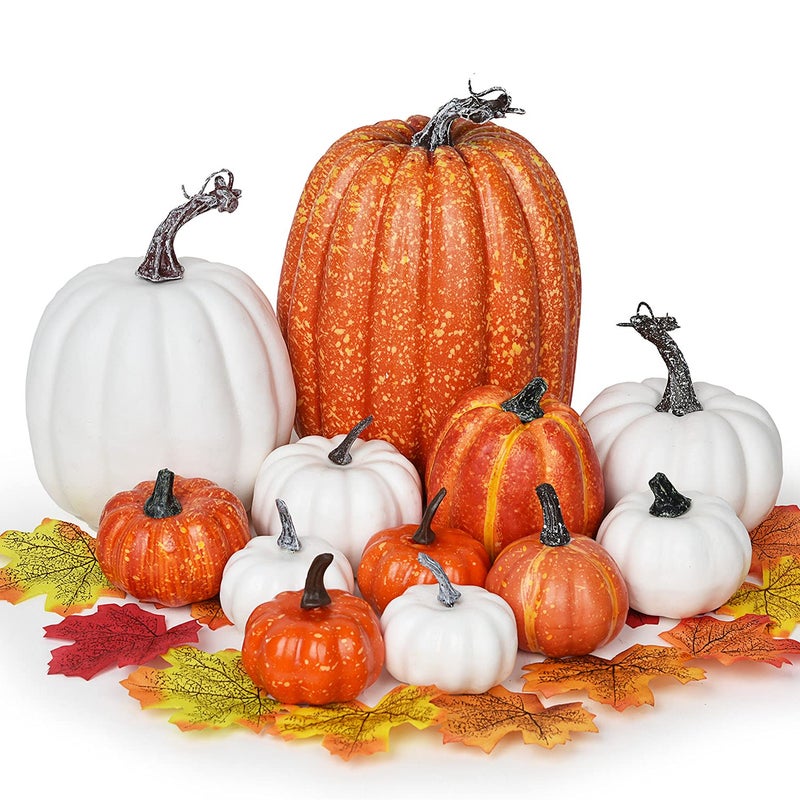 Lvydec Artificial Pumpkins Set Harvest Decoration 12pcs Assorted Size Orange and White Pumpkins with 50pcs Maple Leaves for Halloween Thanksgiving Autumn Festive Party Supplies
