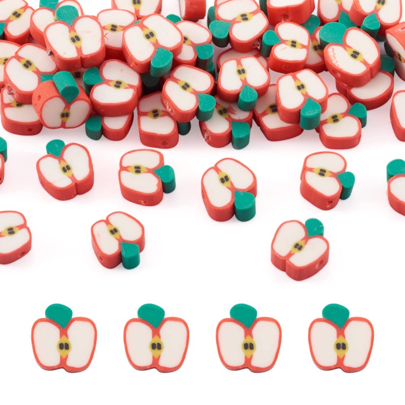 50PCS Handmade Polymer Clay Beads Apple Slice Shape Loose Beads Fruit Theme Spacer Beads for DIY Bracelet Necklace Earring Charm Jewelry Making Hole 16mm