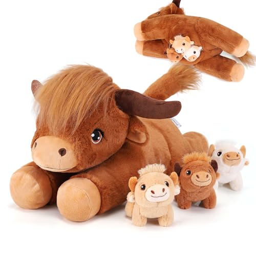 gnomantic 4 Pieces Highland Cow Stuffed Animals 1 Mommy Stuffed Highland Cow with 3 Babies Brown Cow Gifts for Girls Age 38 Cows Plush Toys for Christmas Valentines Birthday Gifts Brown - Image 1