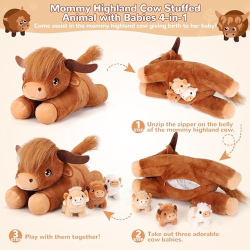 gnomantic 4 Pieces Highland Cow Stuffed Animals 1 Mommy Stuffed Highland Cow with 3 Babies Brown Cow Gifts for Girls Age 38 Cows Plush Toys for Christmas Valentines Birthday Gifts Brown - Image 5