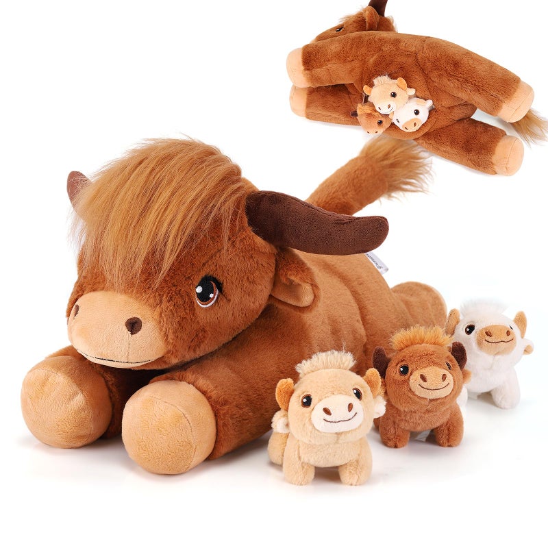 gnomantic 4 Pieces Highland Cow Stuffed Animals 1 Mommy Stuffed Highland Cow with 3 Babies Brown Cow Gifts for Girls Age 38 Cows Plush Toys for Christmas Valentines Birthday Gifts Brown - Image 3