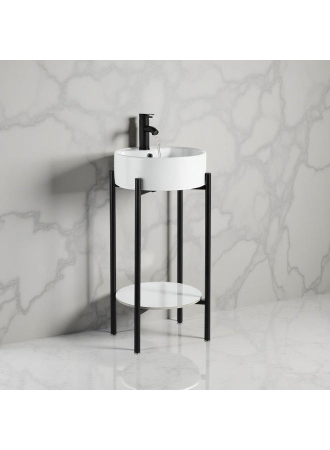 DANUBE HOME Milano Plus Art Basin With Holder (46X46X85) Cm - White & Black Finish Durable Ceramic + Metal Countertop Washbasin Wall Mounted Wash Bowl Modern Vessel Sink For Bathroom, Washroom - Image 1