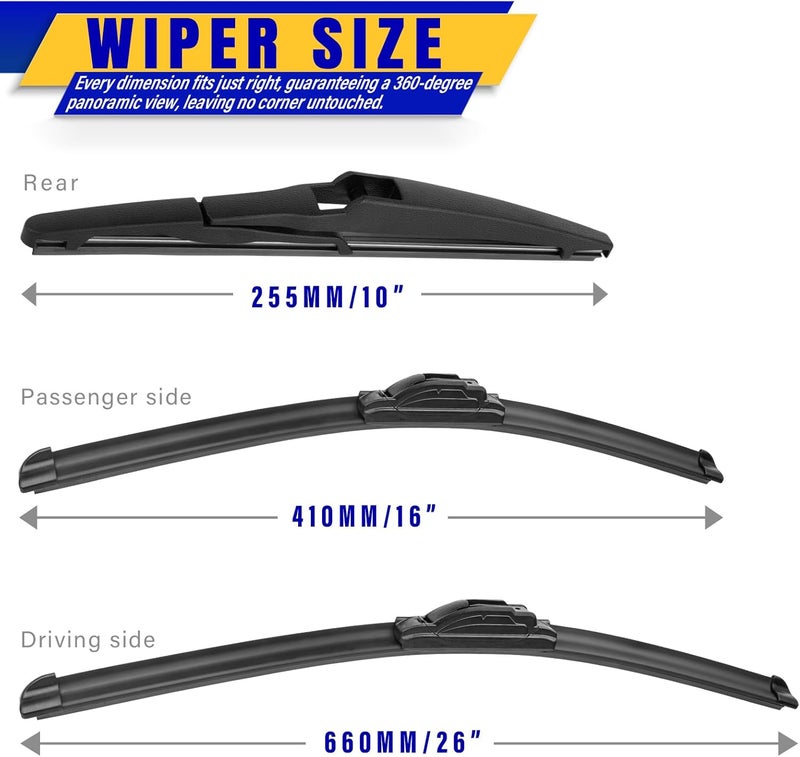Rooppa Windshield Wiper Blades Original Equipment For Replacement - 26in/16in/10in (Set of 3) U/J HOOK - Image 2