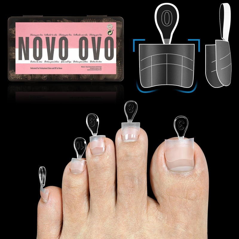 NOVO OVO Upgraded Flexible Half Cover Soft Gel Fake Toe Nail Tips with Auxiliary Line for Toenail Extension, Sharp Square Medium Wide for Men Women Acrylic pedicure in Salon x 15 Sizes 240 Pcs - Image 1
