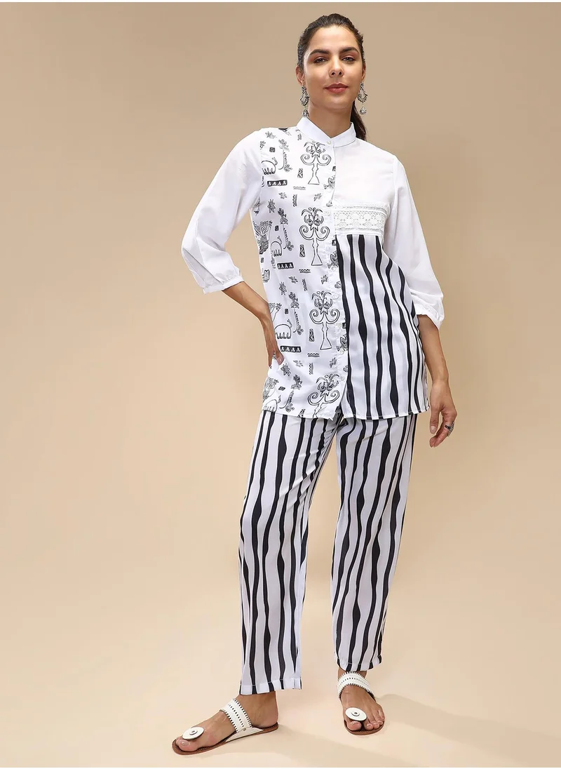 قصة Women's Midnight Black Striped Block Print Kurti With Trousers